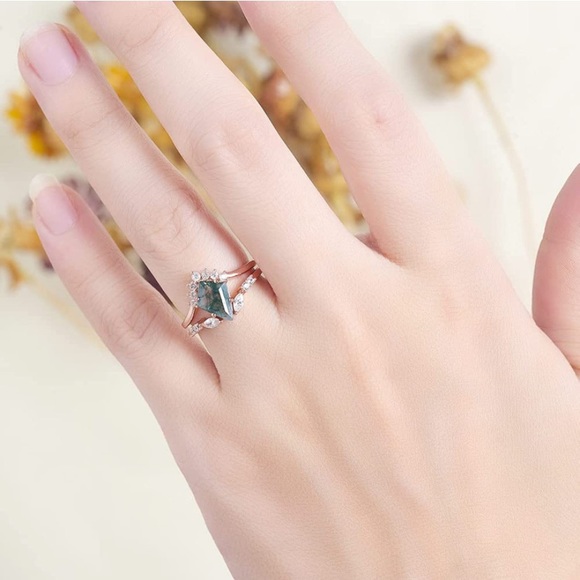 14k Rose Gold Vintage Kite Moss Agate Diamond Engagement Wedding Rings - Picture 6 of 12